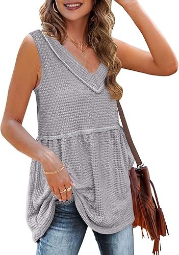 ZOWODO Womens Waffle Knit Sleeveless V Neck Babydoll Peplum Flowy Tank Shirt Blouse Tops | Amazon (US)