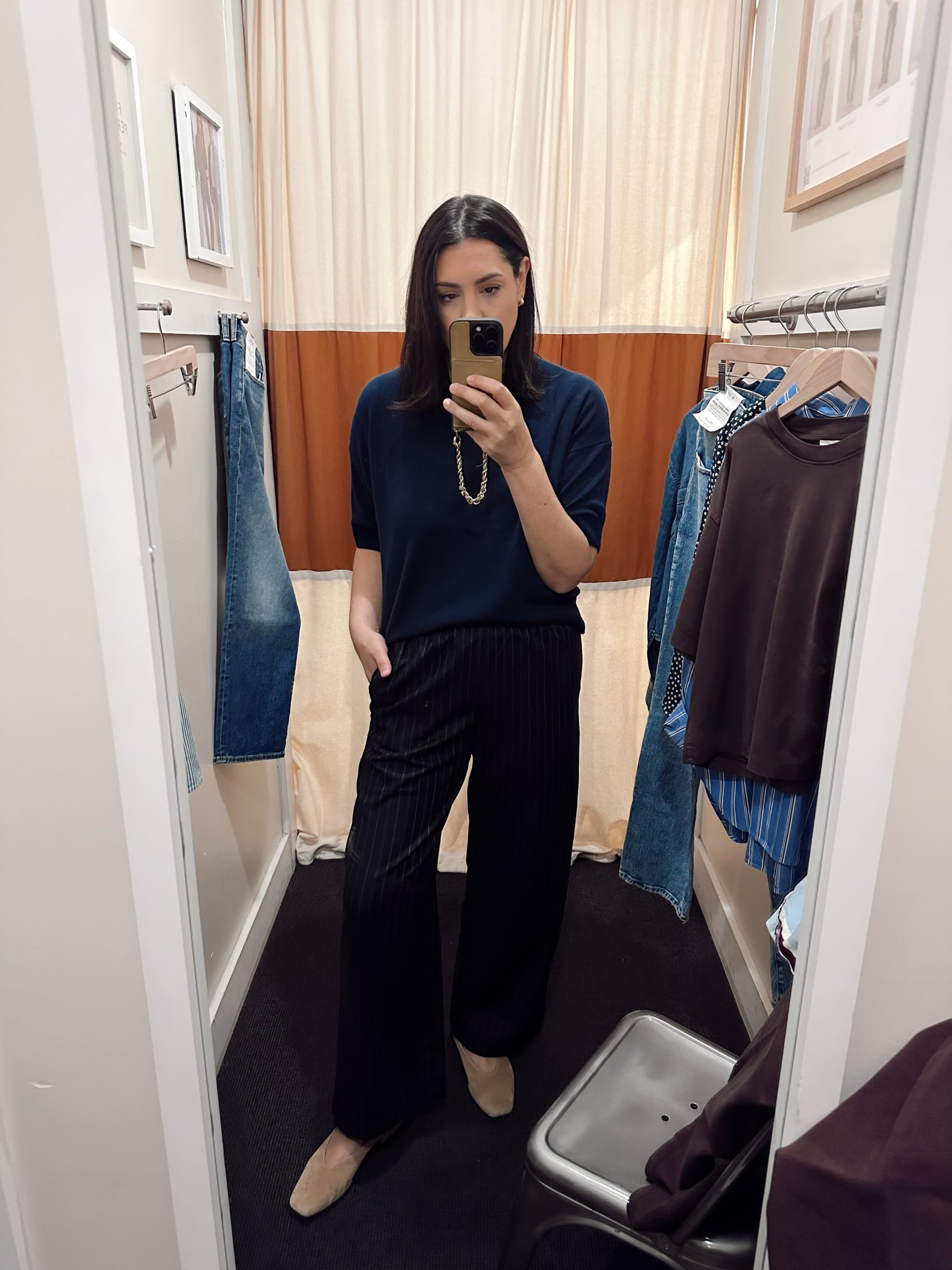 I wished these were on sale! This is the Devon pant and I love! I will be getting these later in the fall. I am in the large, they run loose but I liked the length. Don’t size up, they have an elastic waist and are inherently a looser fit. So many color / pattern choices too1 This is the navy stripe.

I'm in the large of the cashmere sweater tee -- these are my faves! I wear them all winter / fall long.  

 