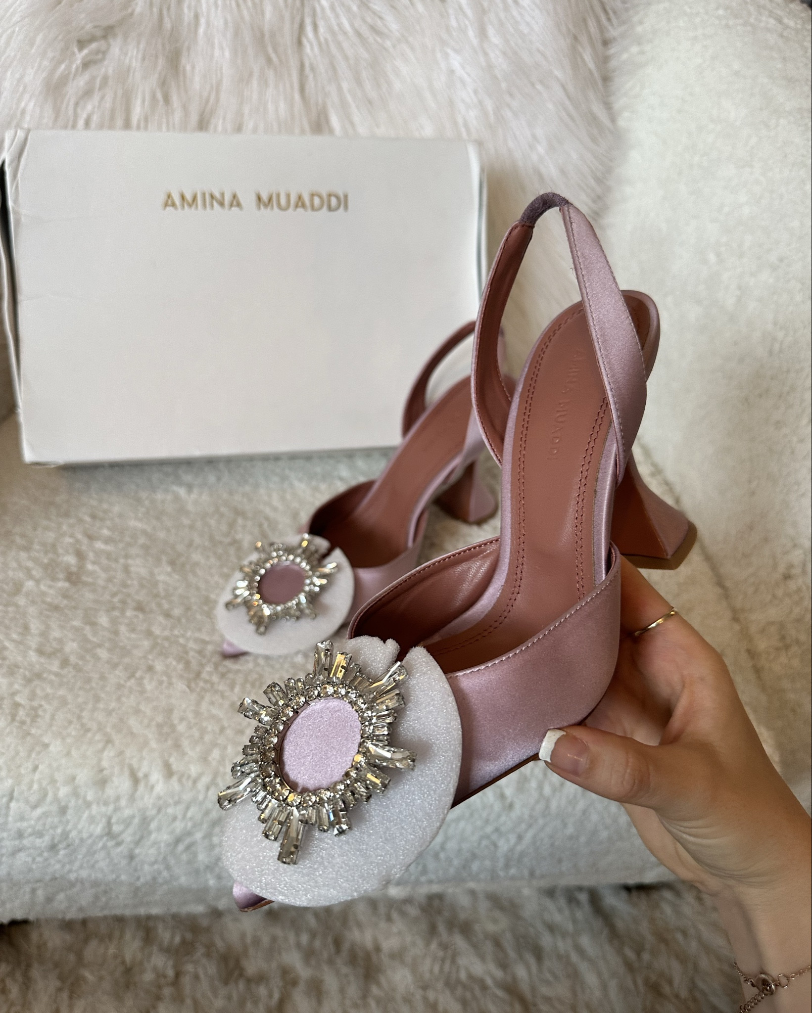 Amina Muaddi pointed slingback heels. These were about half a size too big for me so my foot kept coming out of the back strap. I had to put cushion inserts in to make them fit so size down. 

Come in so many colours and styles to choose from!

#LTKpartywear #LTKspring #LTKsummer