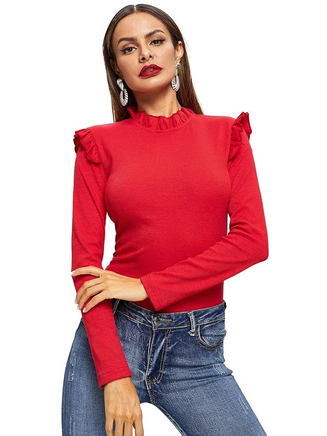ROMWE Women's Stand Collar Slim Fit Frilled Ruffles Shoulder Solid Keyhole Blouse Top | Amazon (US)