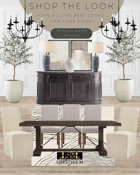 Modern farmhouse, transitional dining room design. Black wood dining table, black buffet console table, white fabric dining chair, white upholstered dining chair, white stripe rug, ceramic table lamp, white vase, wall art,white terracotta tree planter pot, dining room chandelier light.

#LTKFind #LTKhome #LTKstyletip