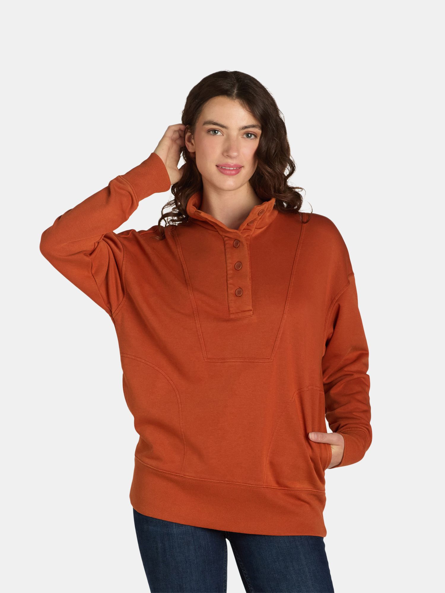 Time and Tru Women's Mock Neck Sweatshirt with Button Placket, Sizes XS-XXXL | Walmart (US)