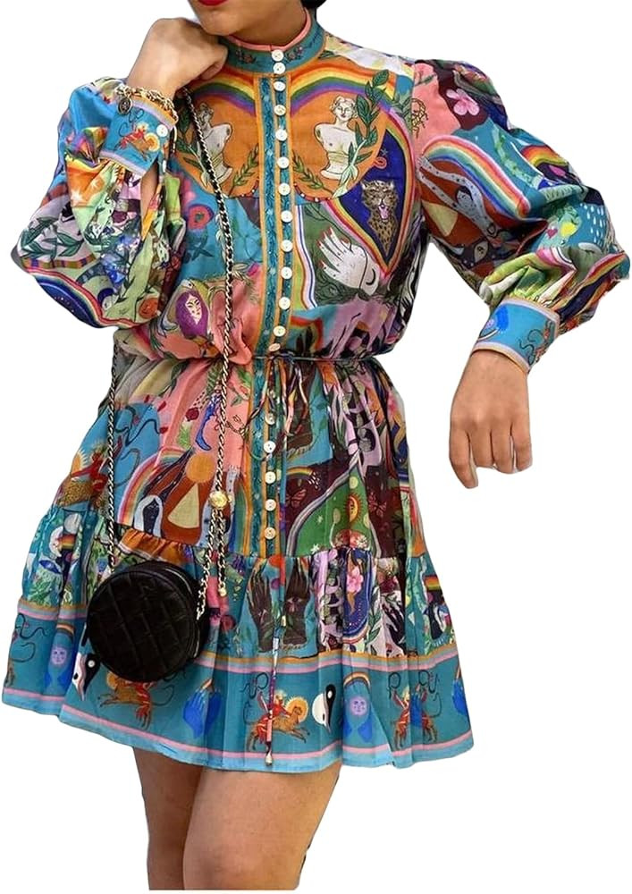 Women's Sexy Long Puff Sleeve Turtleneck Printed Button Bodycon Cocktail Party Blouse Mini Dress | Amazon (US)