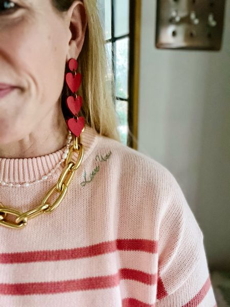 Note to self… Give yourself a Valentine’s “I love you” anytime you need it with this personalized sweater -  accessorize with heart earrings, chunky gold necklace, pearl layering necklace, minnow “love you”  stripe pink and red sweater. 
❤️ Claire Lately 

#LTKGiftGuide #LTKover40 #LTKSeasonal