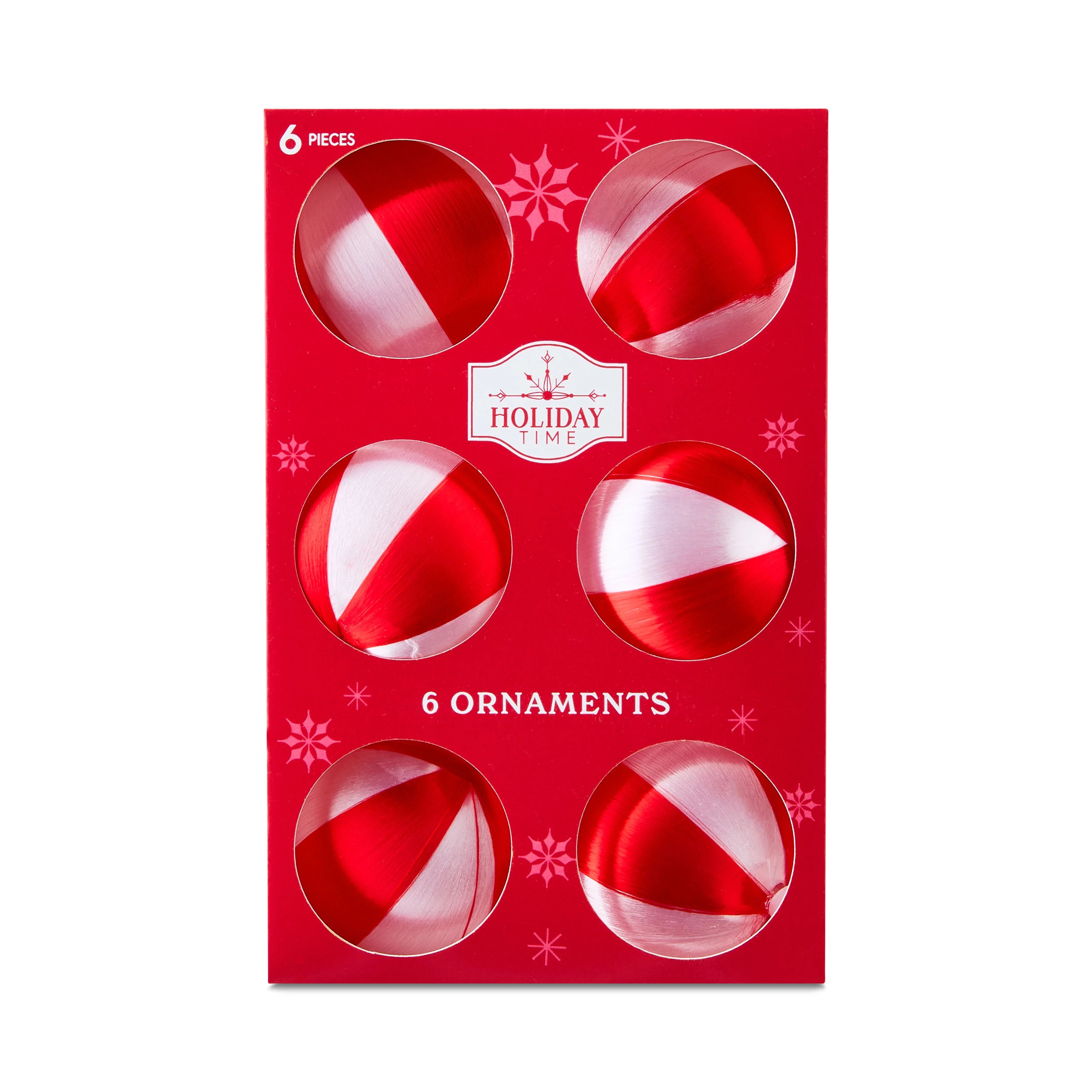 Red and White Satin Stripe Ball Christmas Ornaments, 2.5", 6 Count, by Holiday Time | Walmart (US)