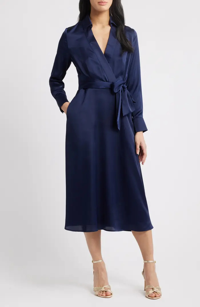 Tahari ASL Long Sleeve Hammered Satin Wrap Front Shirtdress | Nordstrom | Nordstrom