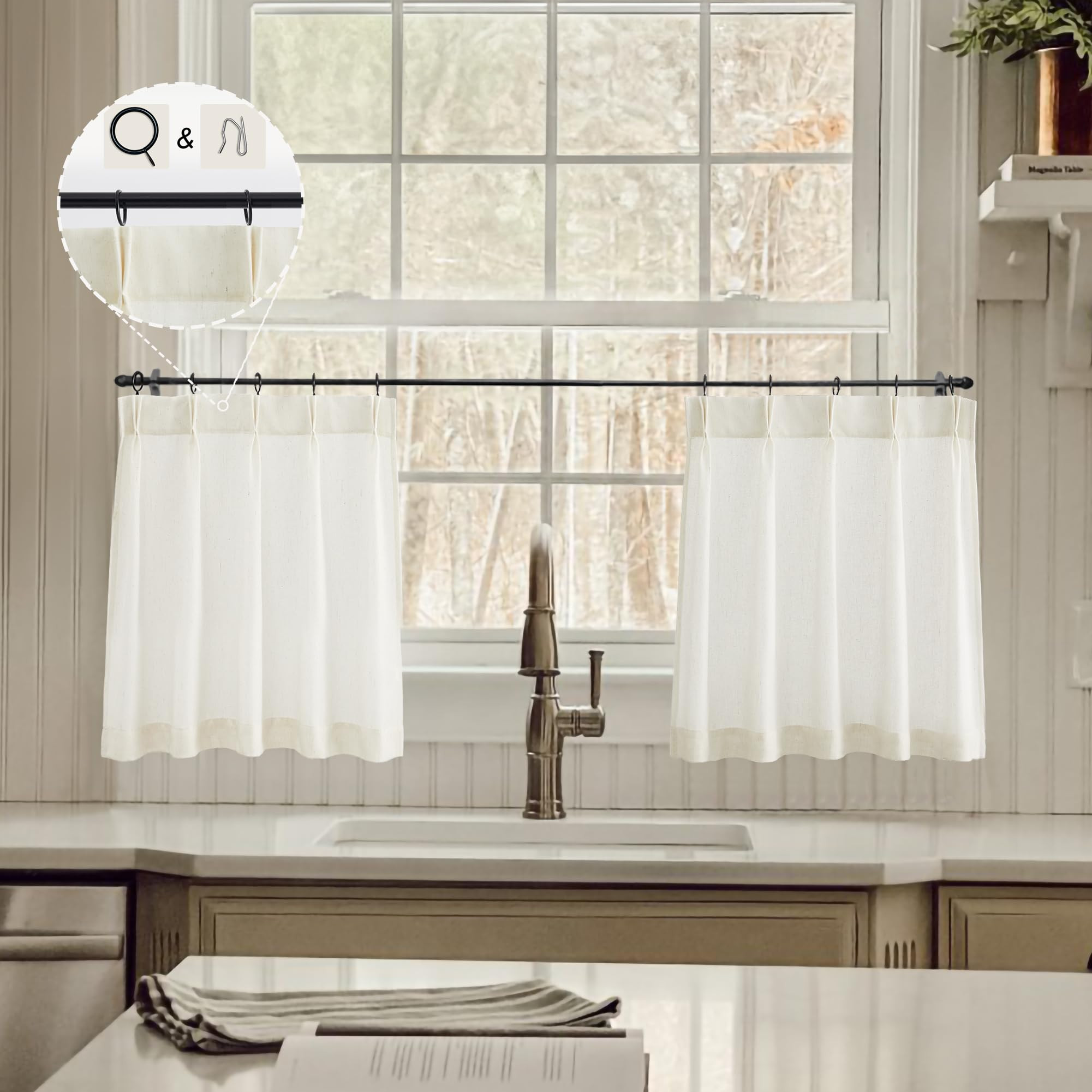 Natural Linen Kitchen Curtains 22 inch Length Pinch Pleat Cafe Curtains | Amazon (US)