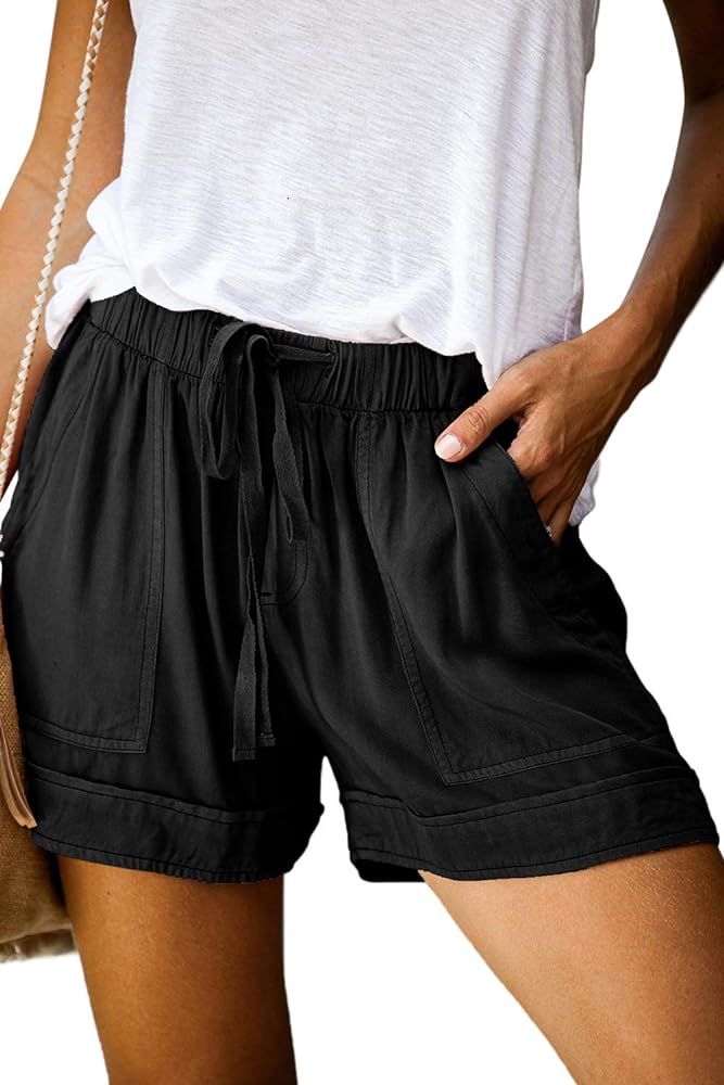 BTFBM Women Casual Shorts Plain Solid Color Elastic Waist Drawstring Pockets Summer Beach Lightweigh | Amazon (US)