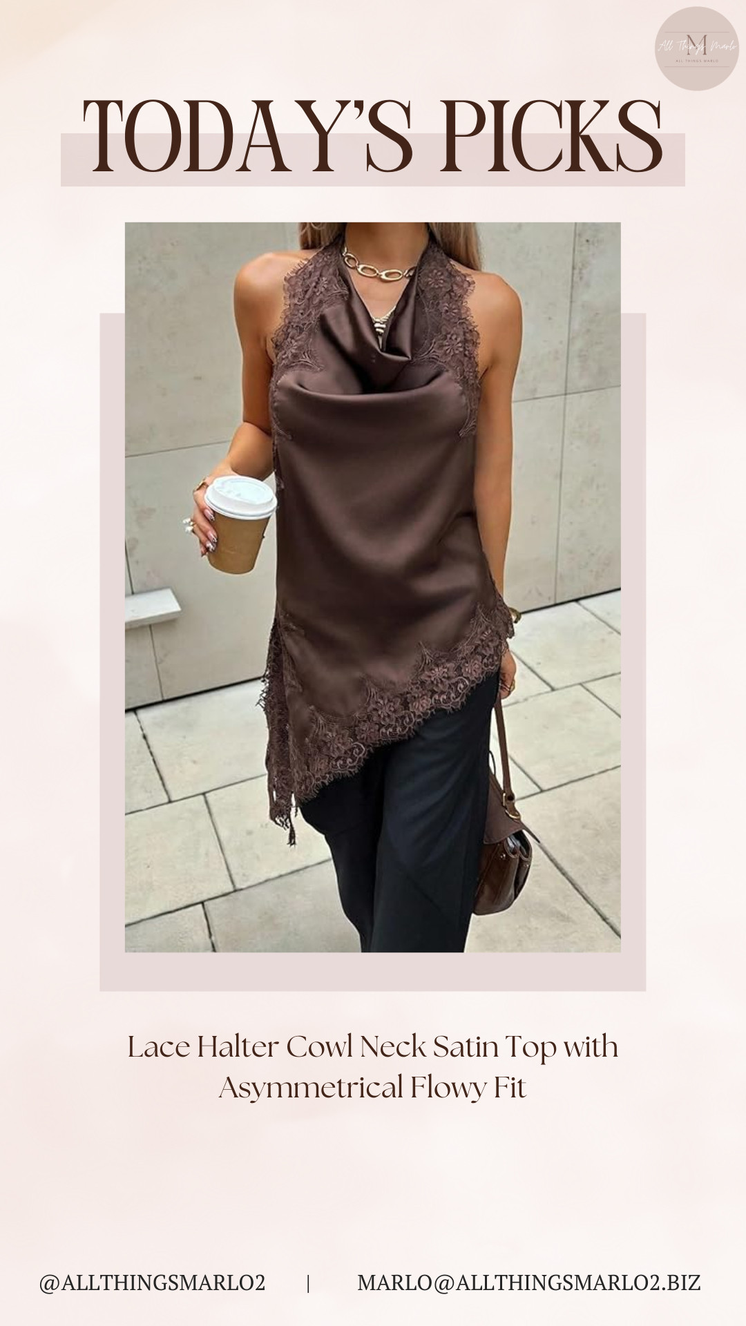 Lace Halter Cowl Neck Satin Top with Asymmetrical Flowy Fit 

 #LTKSeasonal #LTKWorkwear #LTKTravel