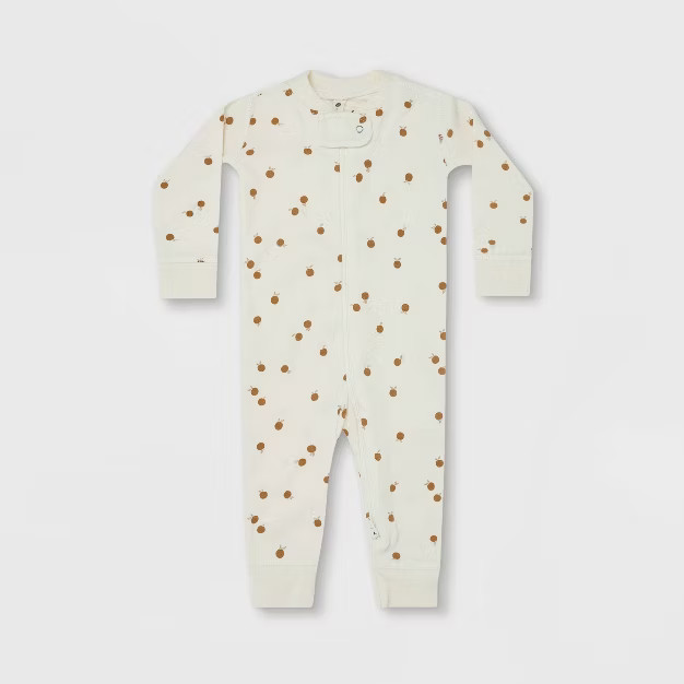 Q by Quincy Mae Baby Nectarine Brushed Jersey Zipper Long Sleeve Pajama Jumpsuit - Ivory/Orange | Target