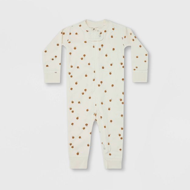 Q by Quincy Mae Baby Nectarine Brushed Jersey Zipper Long Sleeve Pajama Jumpsuit - Ivory/Orange | Target