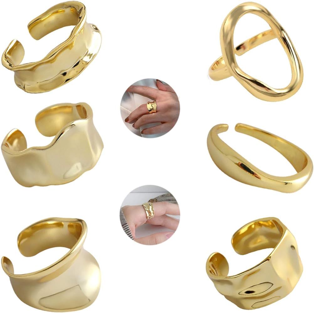 6 Pcs Chunky Gold Open Rings for Women Statement Boho Adjustable Rings Set | Amazon (US)