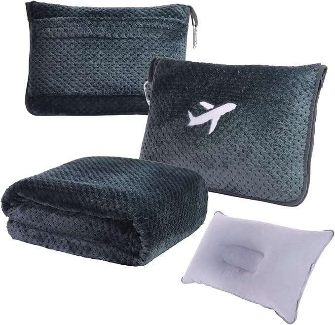 3 in 1 Travel Blanket Pillow Set - 350 GSM Thick Travel Blanket Airplane Compact with Bag, Soft B... | Amazon (US)