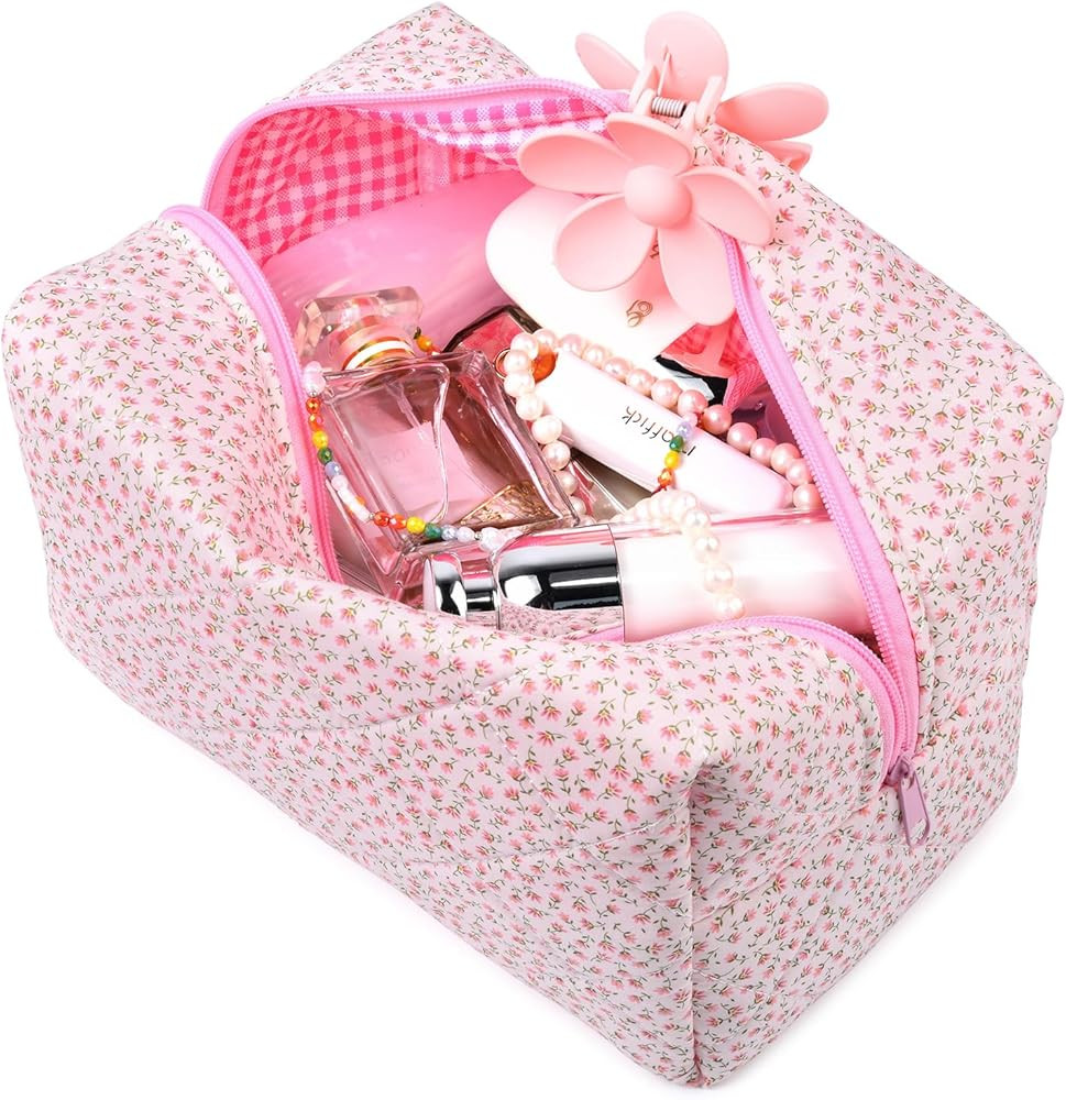 Quilted Makeup Bag Floral Cosmetic Bag Puffy Coquette Makeup pouch Aesthetic Cute Pink Large Trav... | Amazon (US)