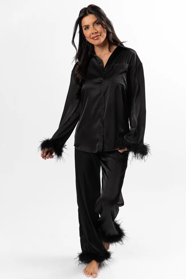 Up All Night Black Feather Pajama Top | Pink Lily