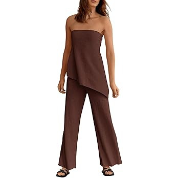Tankaneo Womens 2 Piece Outfits Asymmetrical Tube Top Wide Leg Pants Knit Vacation Travel 2026 Ma... | Amazon (US)