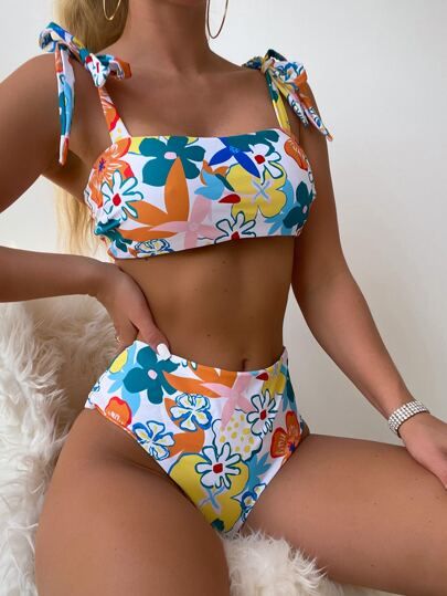 Floral Print Knot Shoulder Bikini Swimsuit | SHEIN