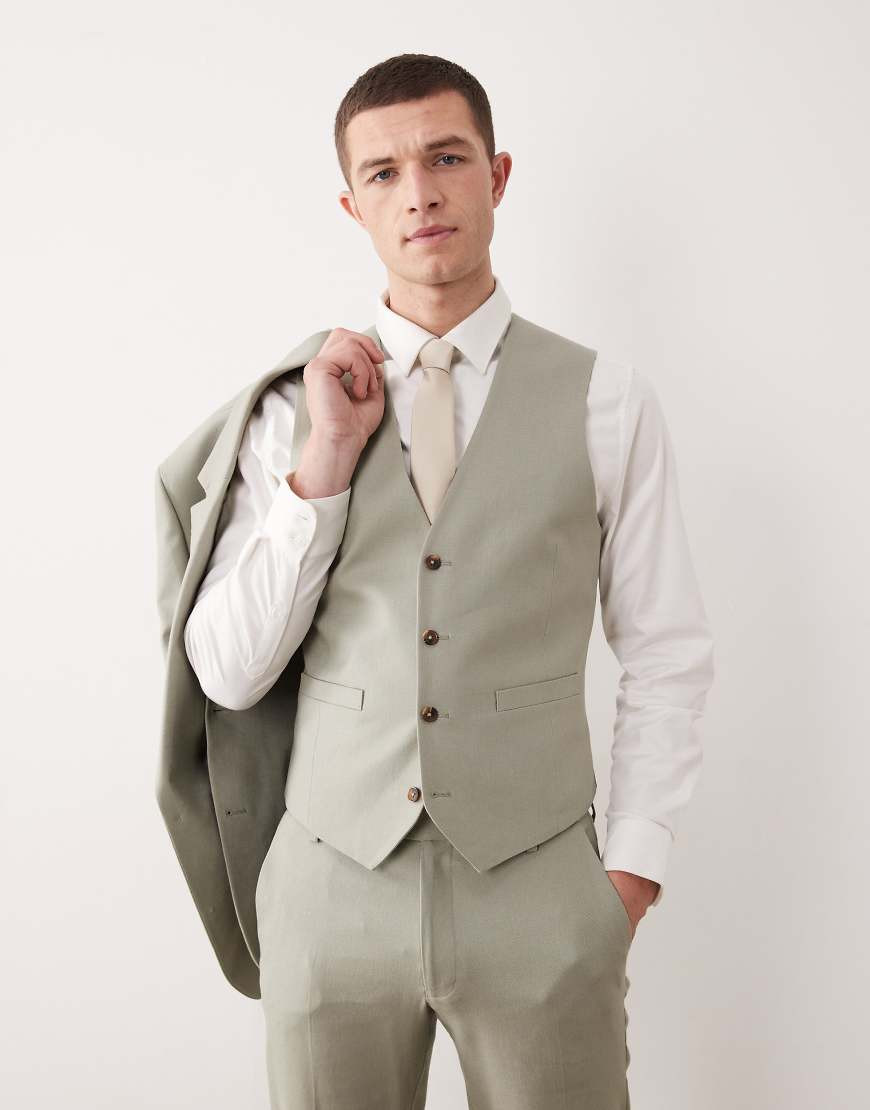 ASOS DESIGN suit waistcoat in sage green linen rich | ASOS (Global)
