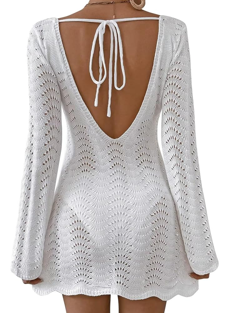 Womens Swimsuit Cover Up Long Sleeve Crochet Bathing Suit Mesh Backless Cover Ups Summer Beach Va... | Amazon (US)