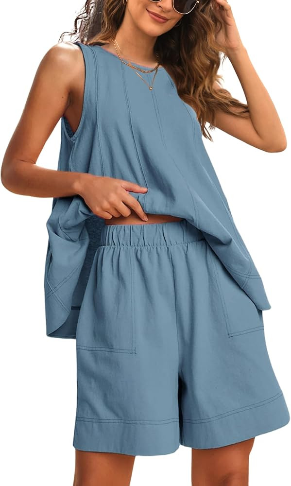 Gozoloma Womens 2 Piece Outfits Sleeveless Matching Sets A Line Tank Tops Contrast Stitching High... | Amazon (US)