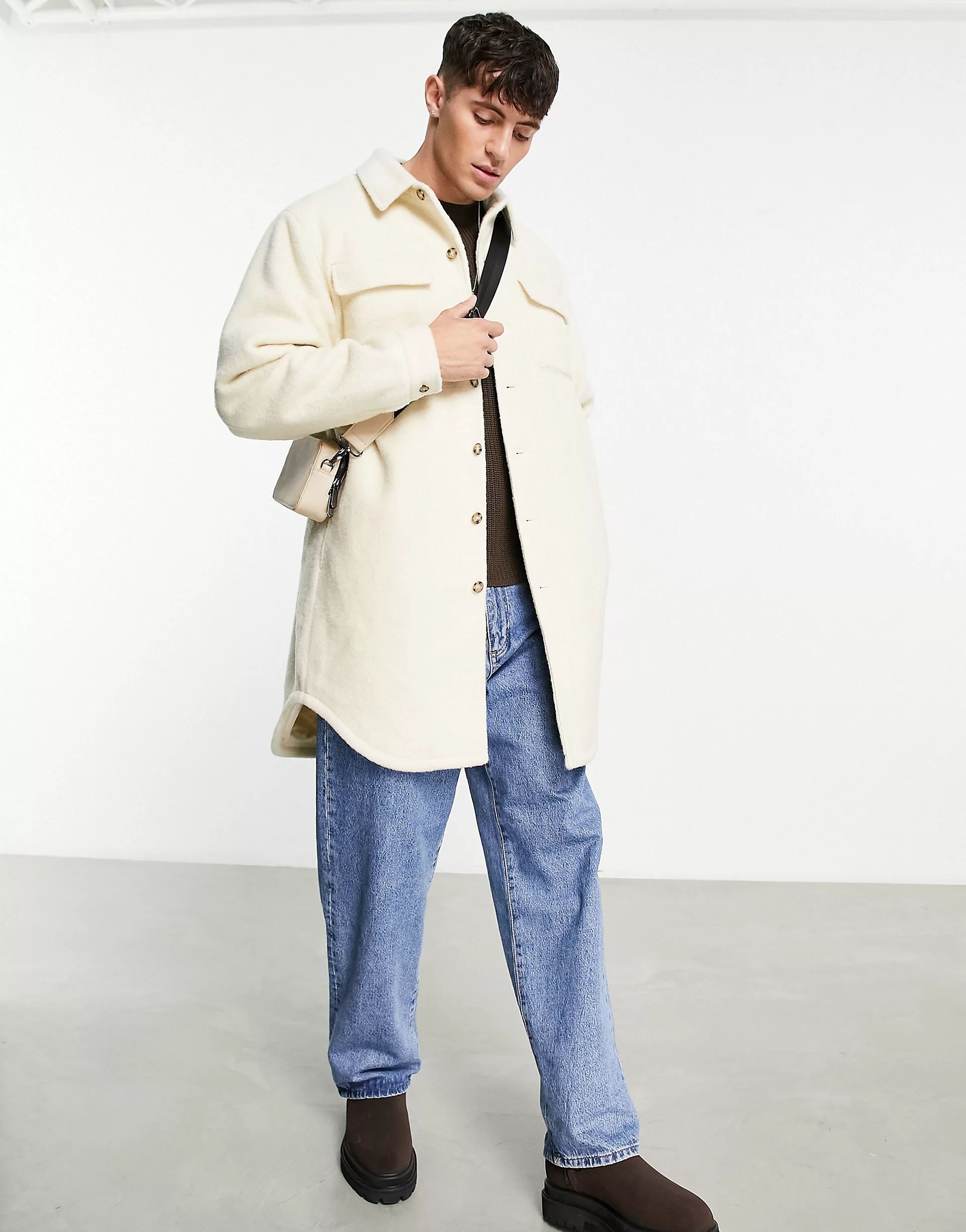 ASOS DESIGN oversized longline wool look shacket in off white | ASOS (Global)