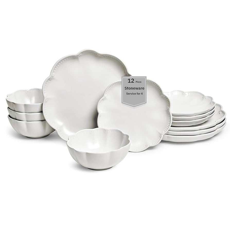 Sango 12 Pieces Scalloped Dinnerware Set, Modern White Dishes for 4, Premium Serving Plates & Bow... | Amazon (US)