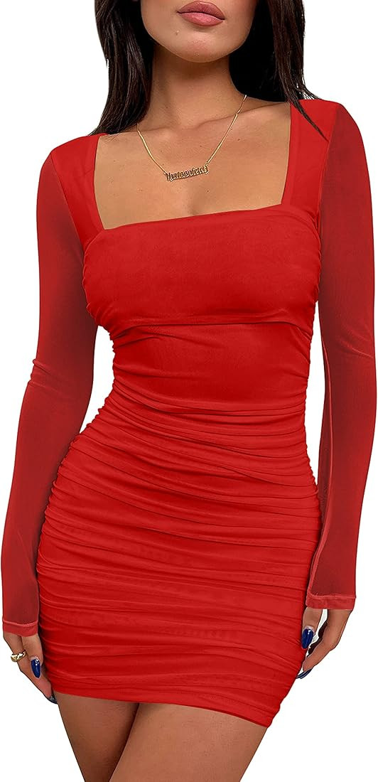 BORIFLORS Women's Sexy Ruched Bodycon Mini Dress Mesh Long Sleeve Club Party Short Dresses | Amazon (US)