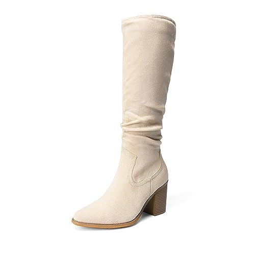 DREAM PAIRS Women's Knee-High Boots, Comfortable Chunky Block Heel Pointed Toe Pull On Side Zipper Suede Slouch Riding Boots,Size 7.5,Beige,SDKB2308W | Amazon (US)