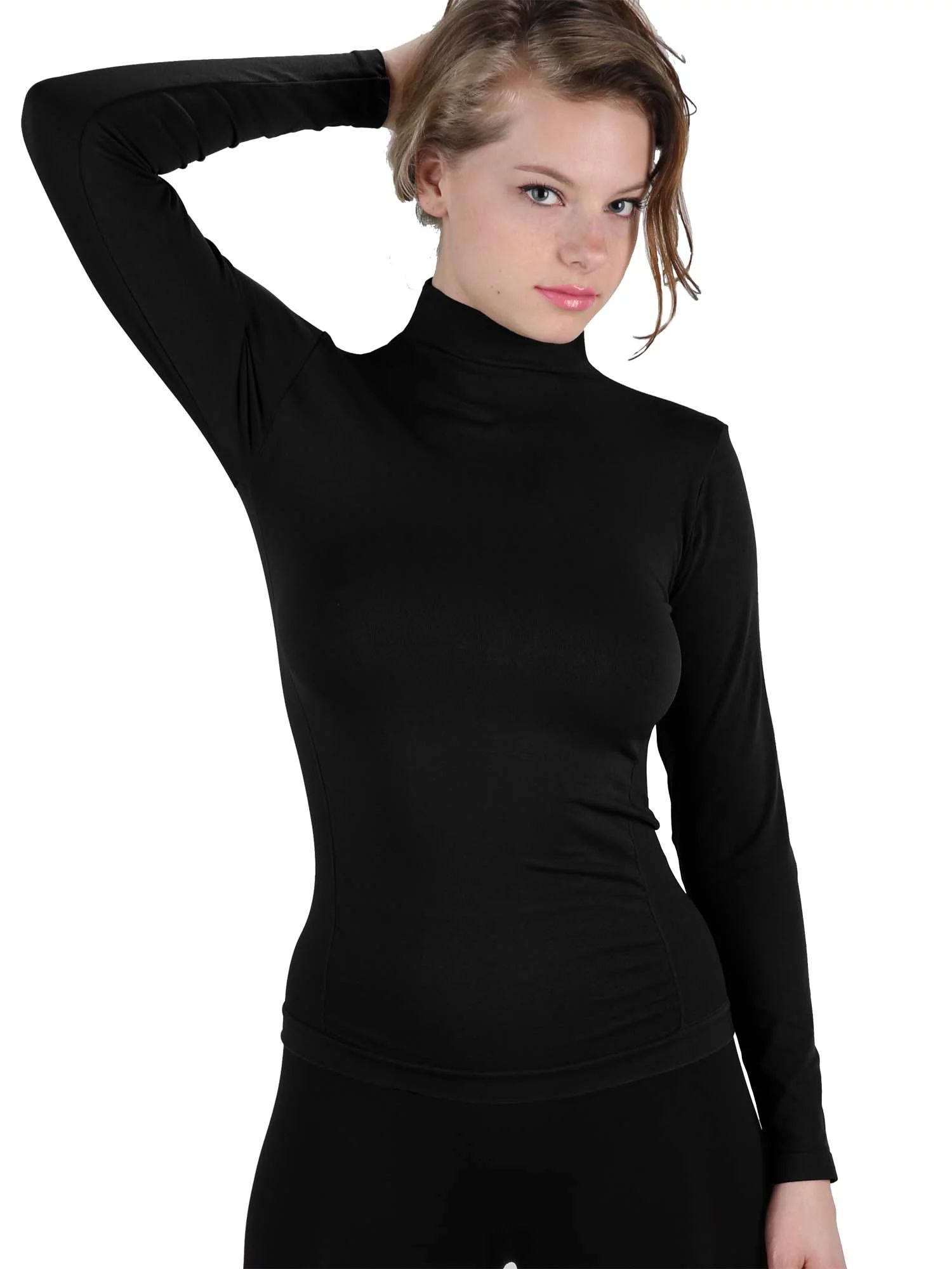 Women Stretch Long Sleeve Mockneck Turtleneck Top Slim Fit Tight Shirt in One Size | Walmart (US)