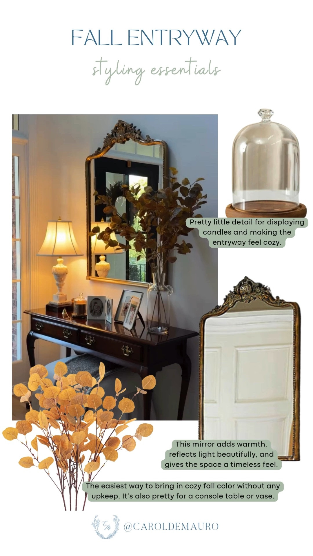 Warm florals, a timeless gold mirror, and a glass cloche bring instant coziness to any entryway this season. Simple swaps, big fall feeling.

fall entryway styling, entryway styling essentials, autumn home accents, console table decor, cozy fall home, home styling tips

#LTKHome #LTKSeasonal