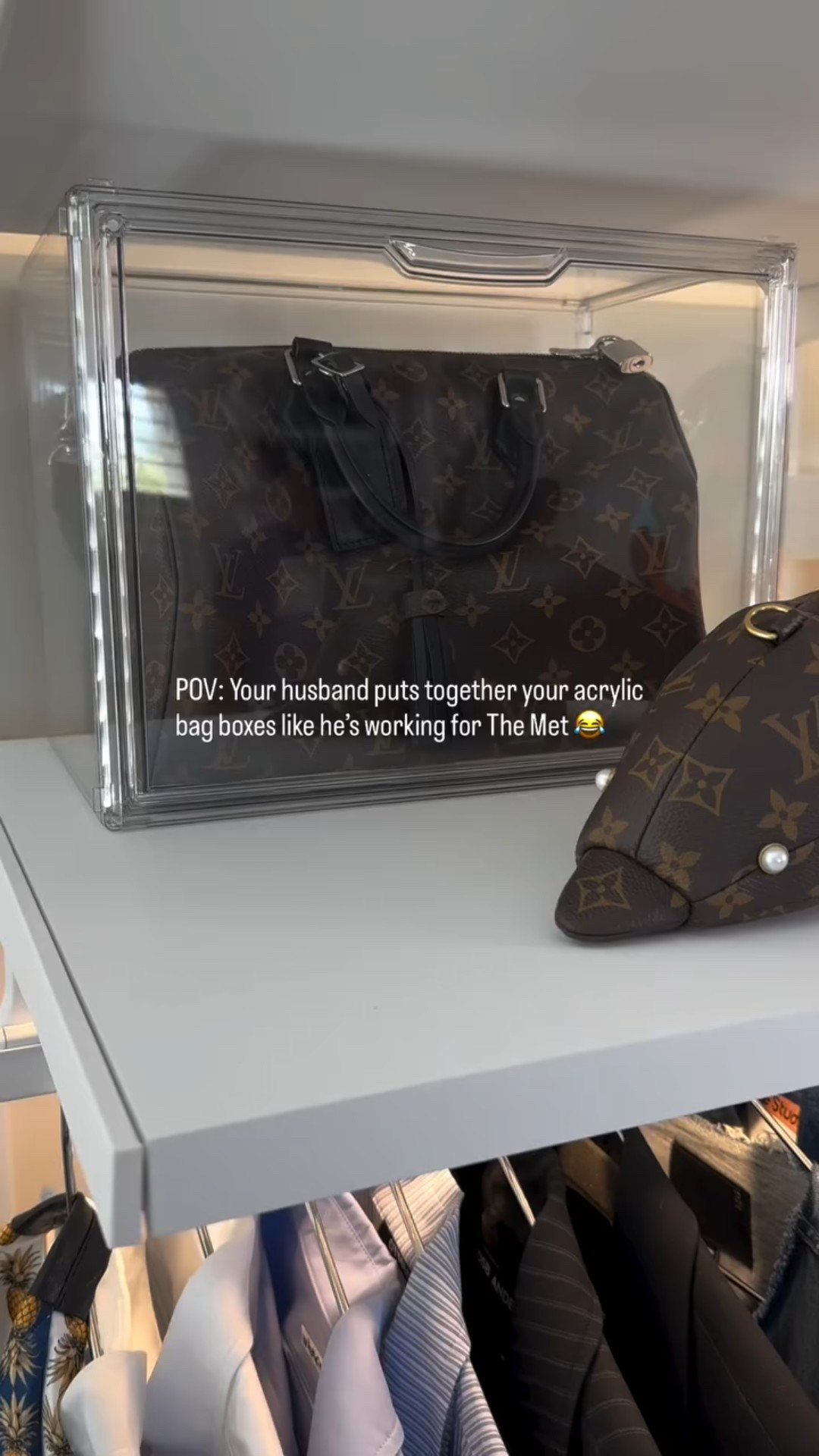 When your husband treats your bag display boxes like museum pieces 🧤✨
Scott took his job very seriously—white gloves and all!
But in all seriousness, I love these boxes.
They keep my bags dust-free, organized, and feeling extra special.
Closet dreams in progress. 👜

#closetgoals #bagdisplay #fashionover50  #organizedlife