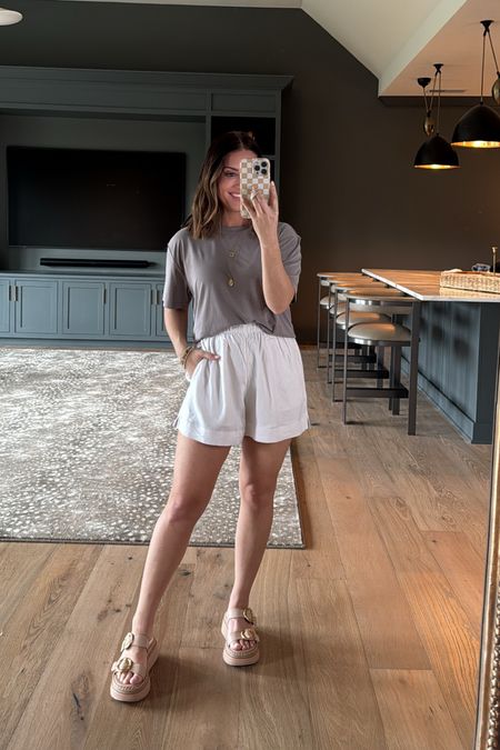 Wearing XS in gray tee and small in white linen shorts (a bit big, should be gotten an XS). Shorts are fully lined and NOT see through. Great summer look! 

#LTKSpringSale #LTKsalealert #LTKfindsunder50