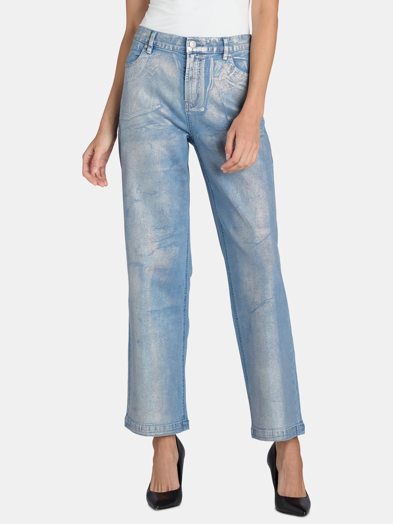 Madden NYC Women's High Rise Metallic Foil Relaxed Fit Jeans, 29” Inseam, Sizes XXS-XXL | Walmart (US)