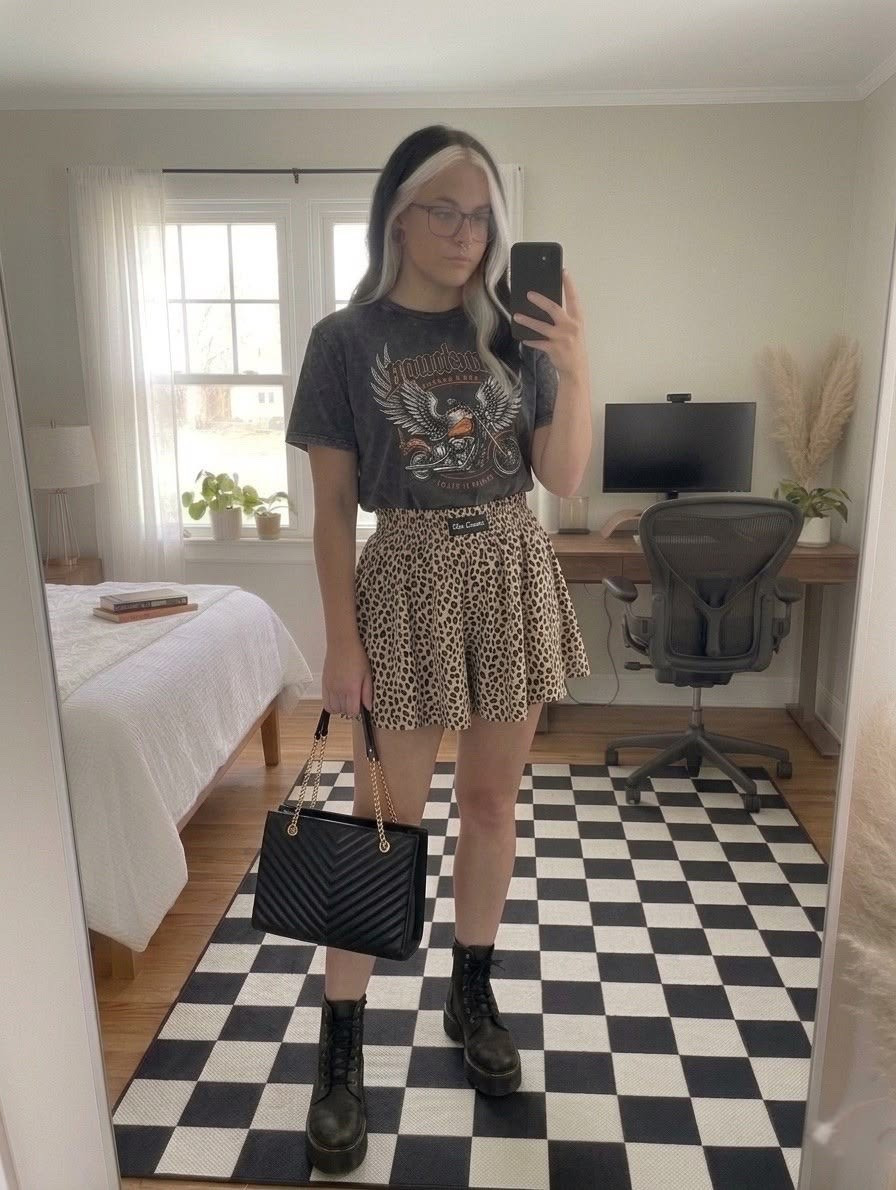How to style a graphic tee for summer. This edgy, casual outfit in image.png combines a vintage motorcycle graphic t-shirt tucked into a high-waisted leopard print mini skirt.

To complete the grunge look, style it with black platform combat boots and a quilted black handbag with gold chain details. This look is perfect for concert outfits, casual street style, or an edgy everyday vibe.

#LTKootd #LTKMidsize #LTKSeasonal