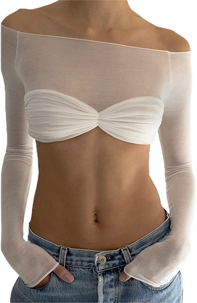 Women Off Shoulder Shirt Y2K Long Sleeve Slim Fit Top Tee Sexy Streetwear Blouse Tops | Amazon (US)