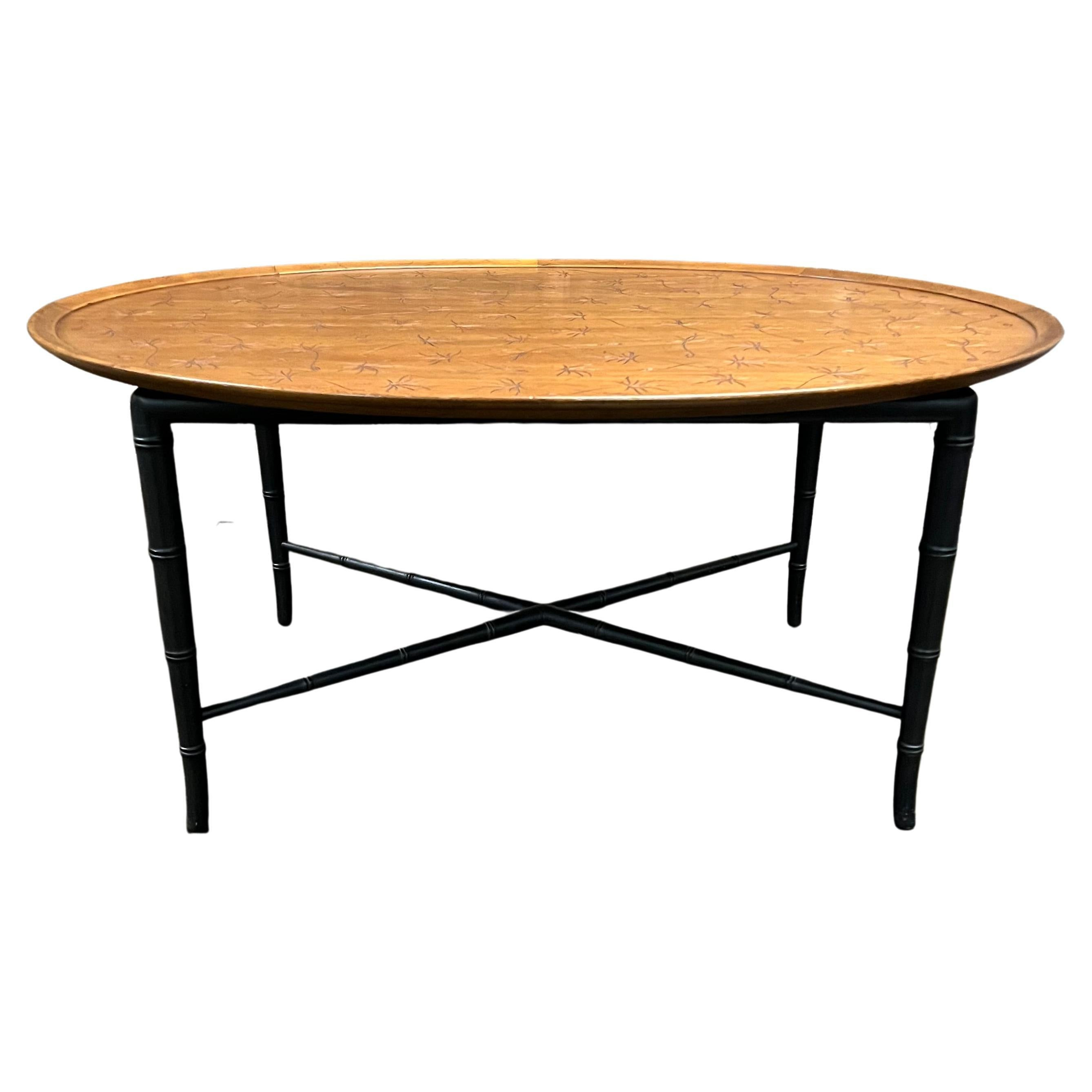 Kittinger Midcentury Oval Coffee Table with Incised Design on Faux Bamboo Base | 1stDibs