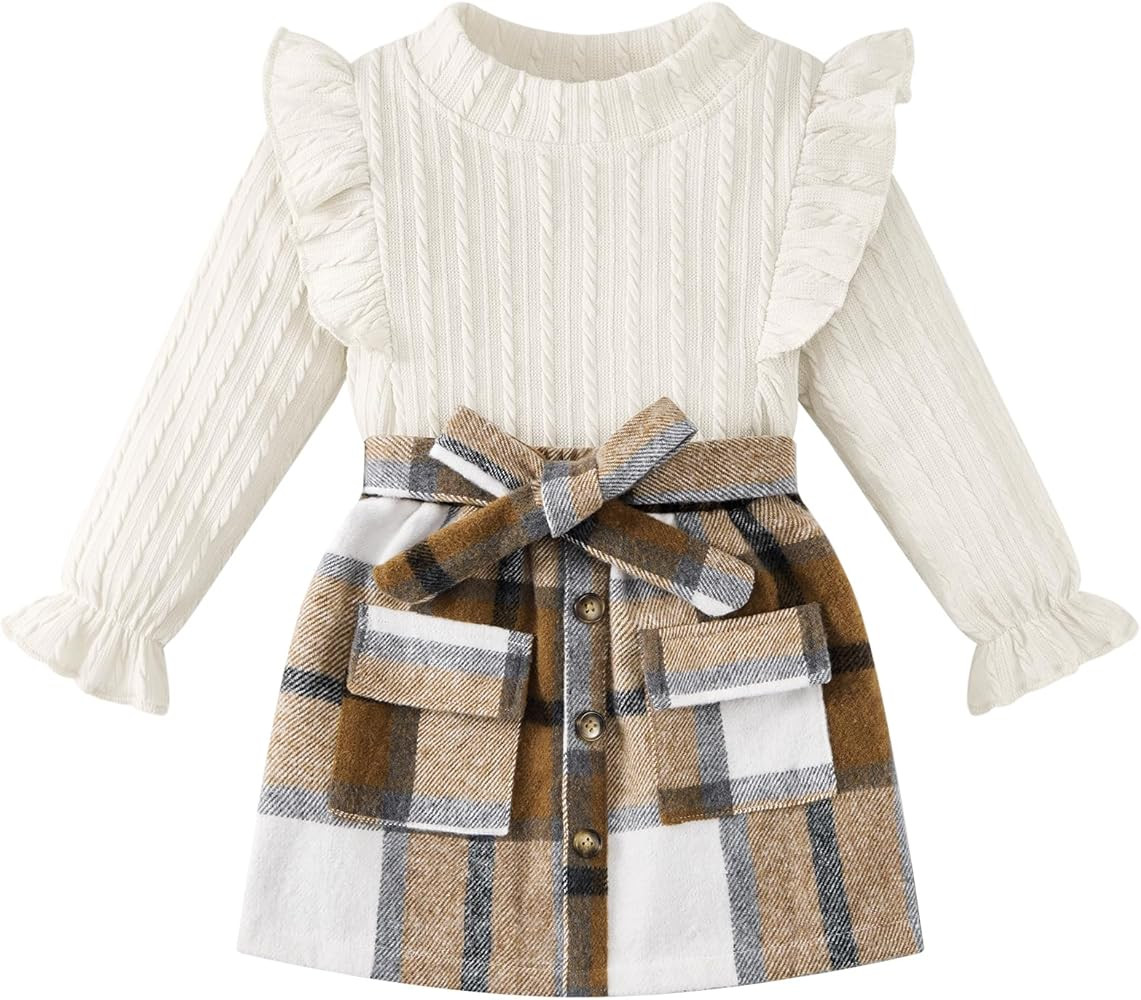 Weixinbuy Toddler Girl Fall Winter Clothes Solid Long Sleeve Ribbed T-Shirt Knit Tops Plaid Button M | Amazon (US)