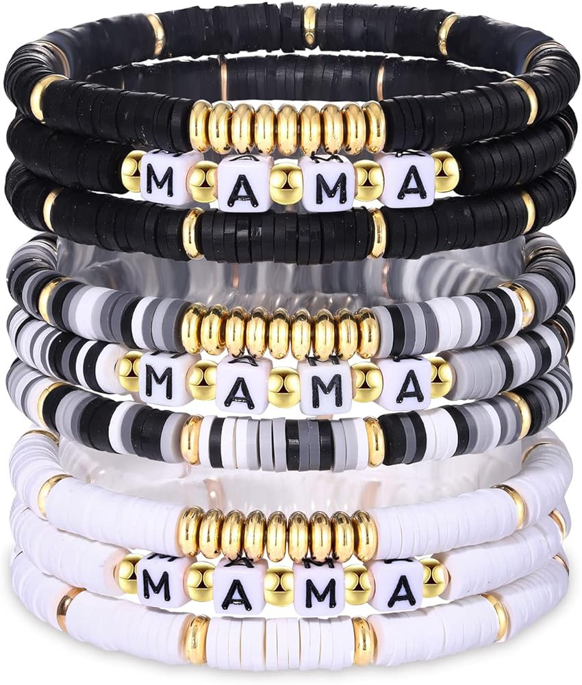 HZEYN 9 Pack MAMA Heishi Bracelet Set Stackable Heishi Clay Beaded Stretch Bracelet Preppy Jewelry G | Amazon (US)