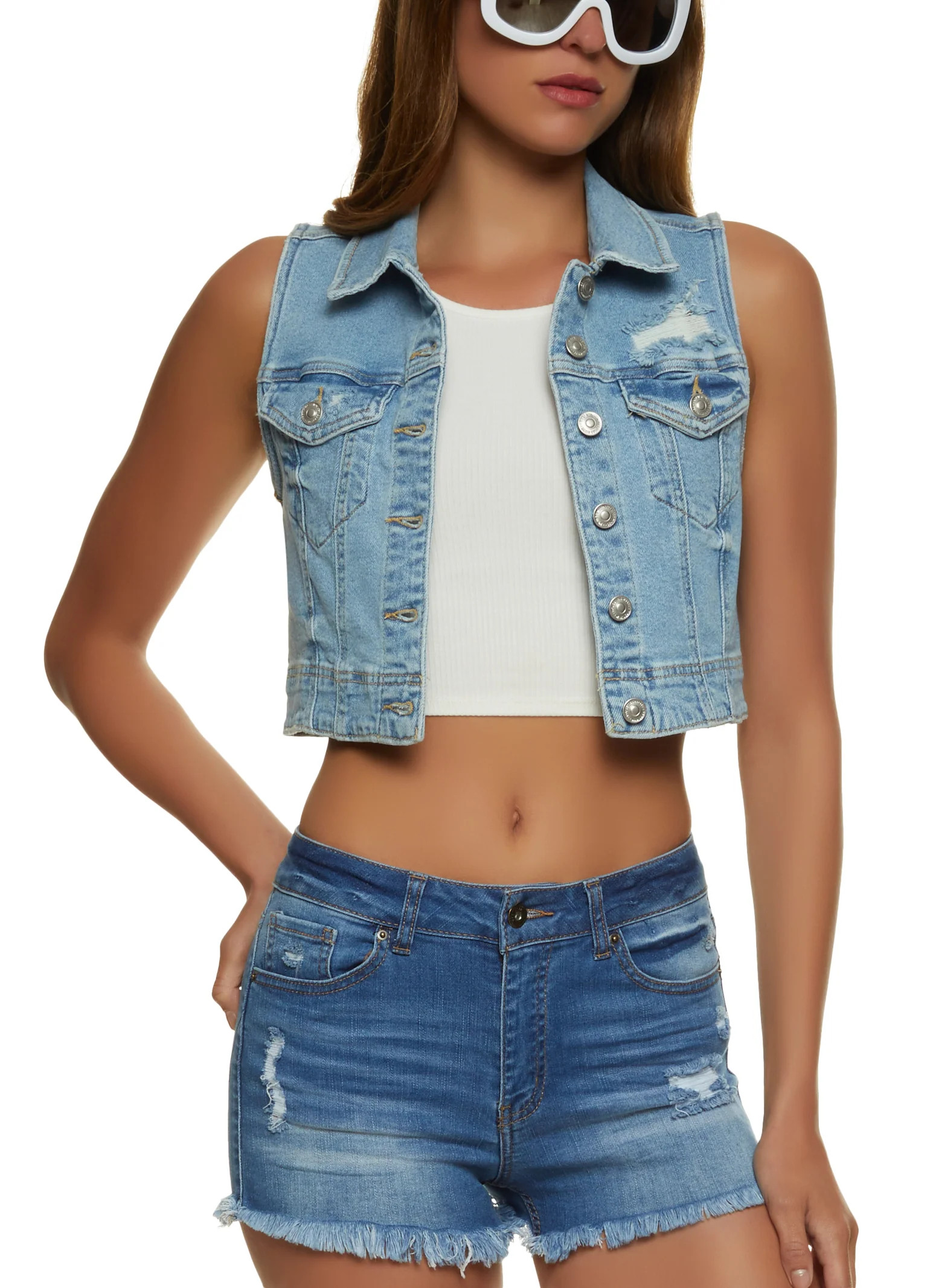 WAX Distressed Denim Cropped Vest | Rainbow Shops