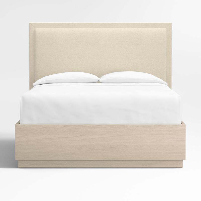 Meraux 56" Boucle Ivory Upholstered Queen Headboard with Batten White Oak Storage Bed Base | Crat... | Crate & Barrel
