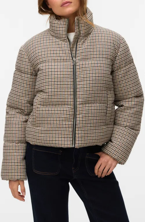 VERO MODA Lyon Short Houndstooth Puffer Jacket in Emperador at Nordstrom, Size X-Large | Nordstrom