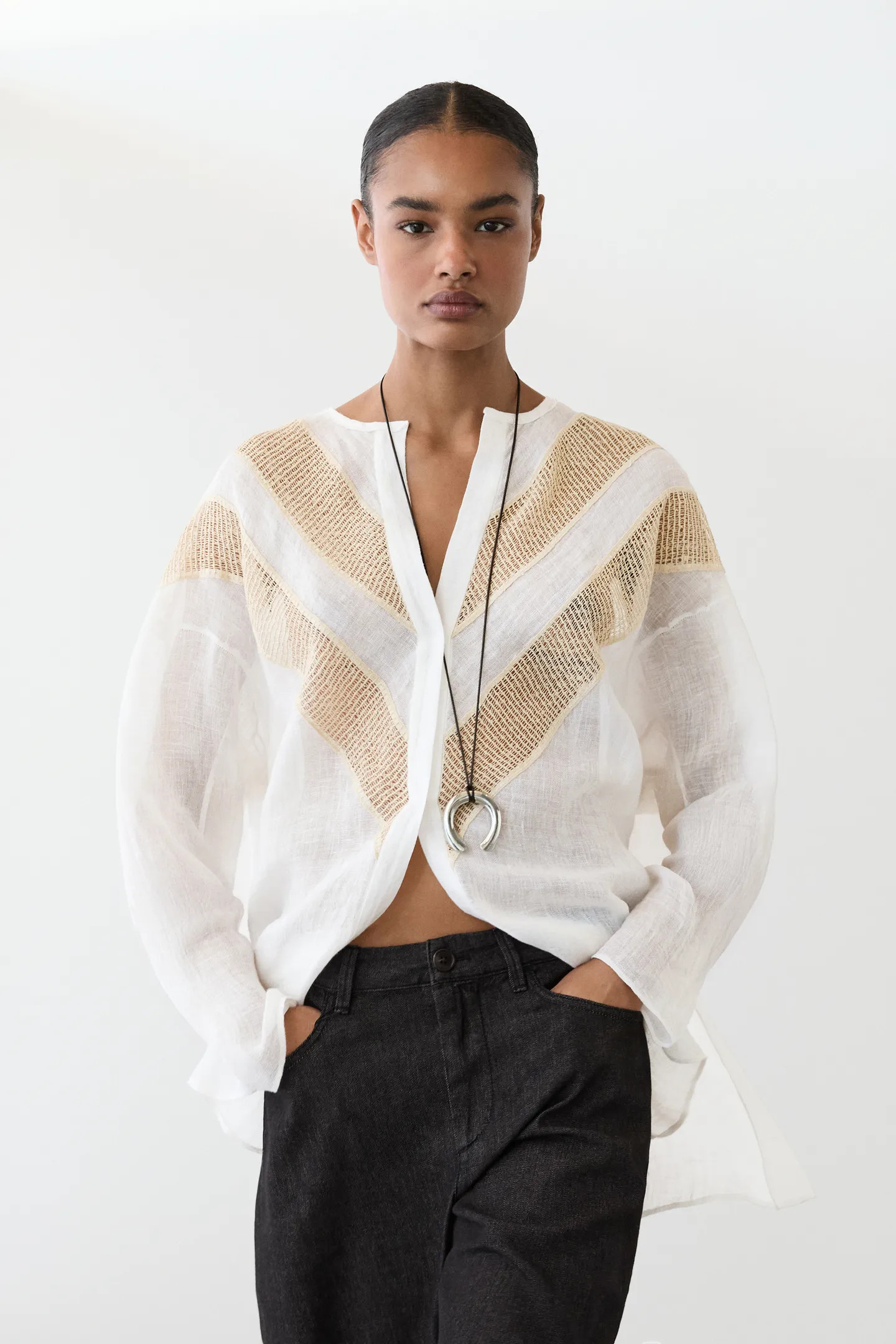 Flowing linen blend shirt with appliqué detail | Massimo Dutti UK