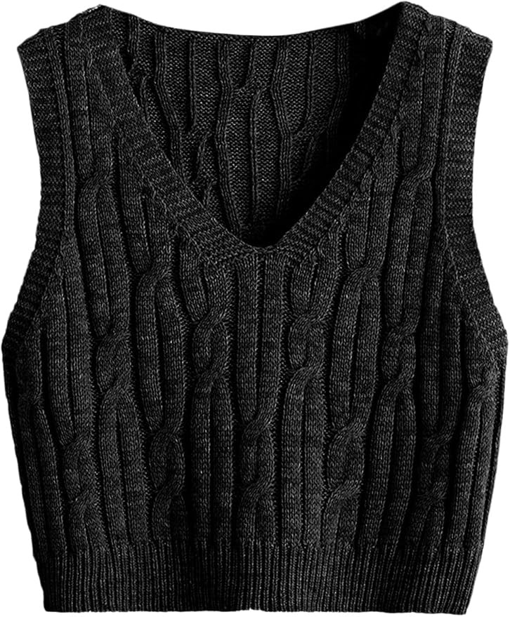 Romwe Women's Cable Knit Crop Sweater Vest Preppy Style Sleeveless V Neck Knitwear Tank Tops | Amazon (US)