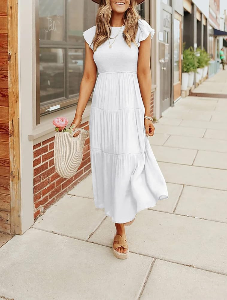 ZCSIA Women's Summer Casual Ruffle Short Sleeve Crewneck Smocked Tiered A Line Midi Dress | Amazon (US)