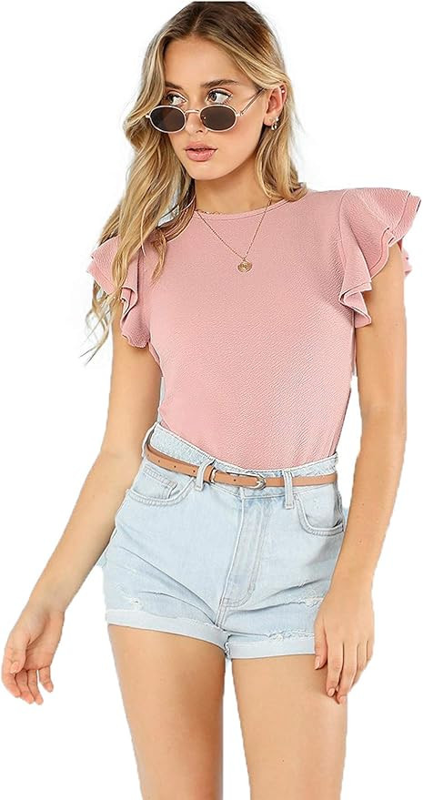 Romwe Women's Round Neck Layered Ruffle Short Sleeve Bodysuit | Amazon (US)