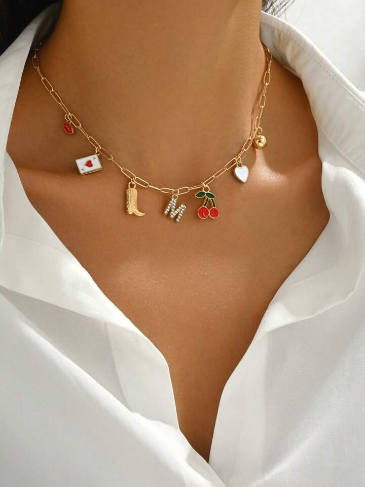 1pc Initial Letter Charm Gold Chain Necklace For Women, Beach Cherry Heart Fruit Charms Pendant, ... | SHEIN
