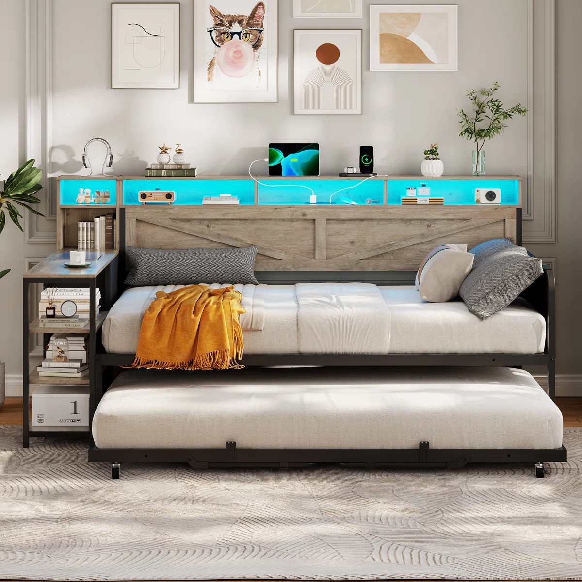 Daybed Twin with Pop Up Trundle, Farmhouse Wooden Day Bed Frame with 3 Storage Drawers and Shelve... | Wayfair North America