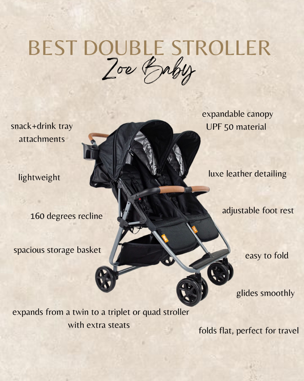The perfect double stroller! Loving our Zoe Baby Twin+ Stroller.
So many perfect features that makes it worth every penny!
Our baby is comfortable in it and our toddler surprisingly loves being in it!

#LTKbaby #LTKfamily #LTKkids
