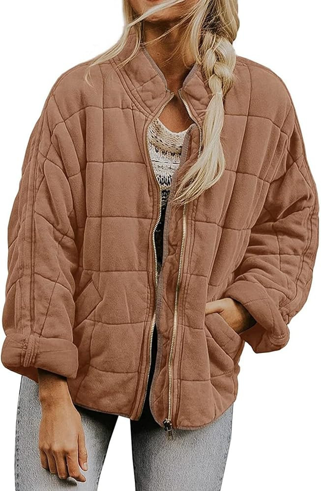 Quilted Jackets for Women Long Sleeve Zip Up Jacket Coat Loose Fit Puffer Shakets Winter Warm Out... | Amazon (US)