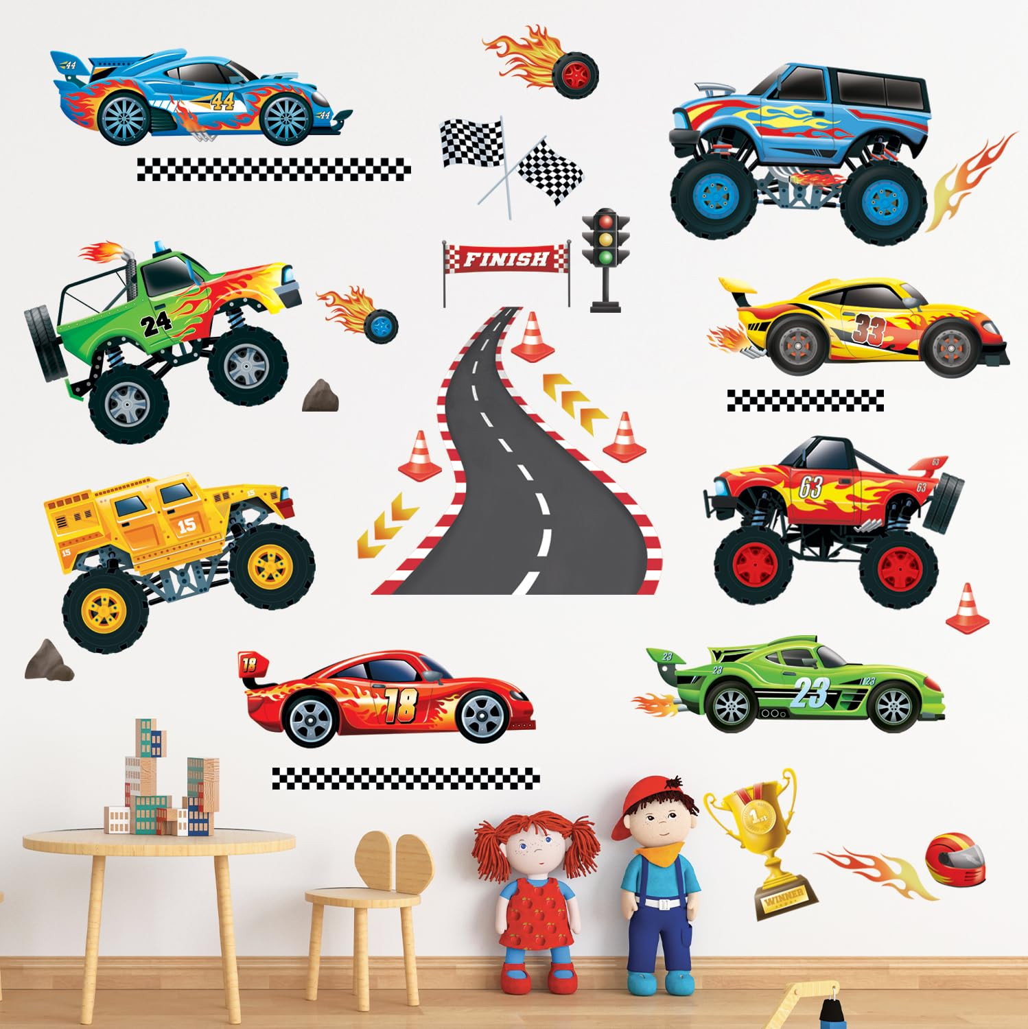 DECOWALL DS9-8083 Racing Car Wall Decal Stickers Boys Room Art Decor Sports Roads Vehicles Kids Bedroom Toddler Playroom Gift Nursery Living Room Peel and Stick Truck | Amazon (US)